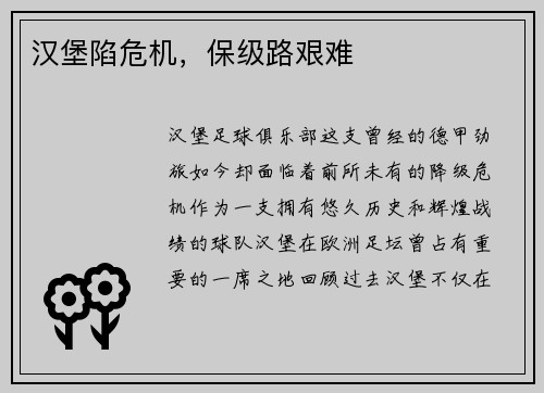 汉堡陷危机，保级路艰难
